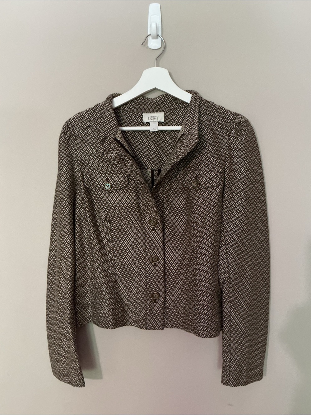 LOFT Lightweight Tweed Cropped Button-Up Blazer in Brown and Cream - Picture 2 of 7